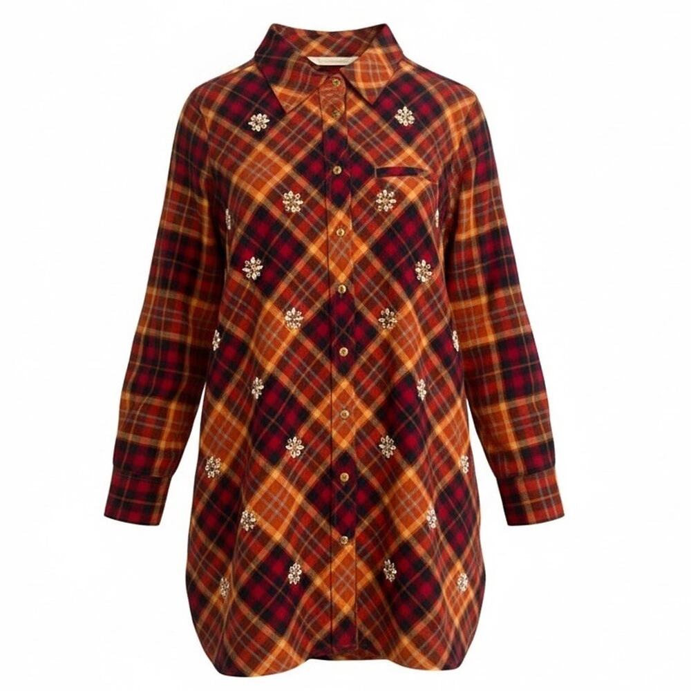Soft Surroundings Galveston Flannel Tunic Top Sz M Plaid Button Up Rhinestones